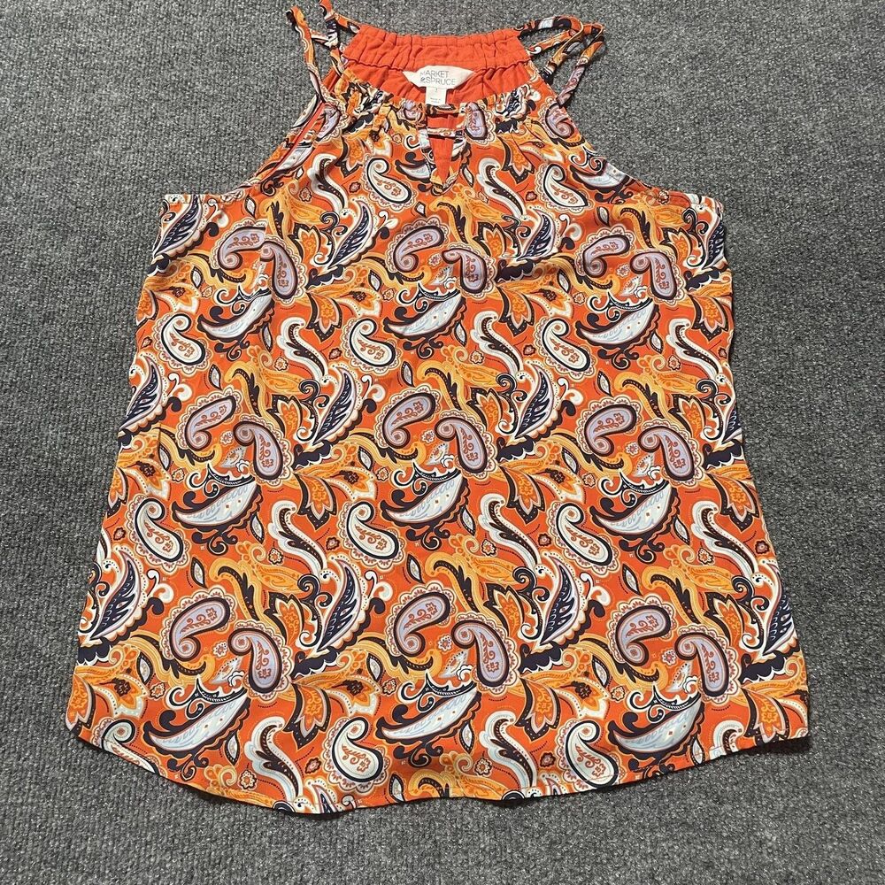 Market & Spruce Tank Top Womens Small Orange Paisley Split Neck Mixed Media